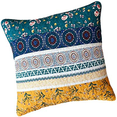 DaDa Bedding Cotton Bohemian Floral Euro Pillow Sham Cover - Patchwork Bed of Wild Flowers Gardenia Botanical - Vibrant Striped Green Blue Yellow Colors - 26 x 26 -1-Piece
