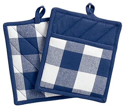 Elrene Home Fashions Farmhouse Living Buffalo-Check Topflappen-Set, rustikale Topflappen für Küche, 20,3 x 22,9 cm, blau/weiß
