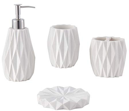 zccz Set Bagno Accessori Completo 4 Pezzi - con Dispenser Sapone, Porta Spazzolino, Bicchiere Porta Sapone - Moderno - Bianco