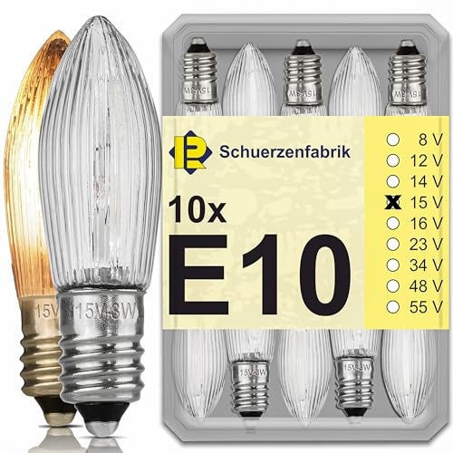 Schuerzenfabrik Spitzkerze E10 15V 3W 10x Ersatzbirnen Glühbirnen Topkerze für Lichterkette und Schwibbogen 2700K in der stabilen Kunststoffbox