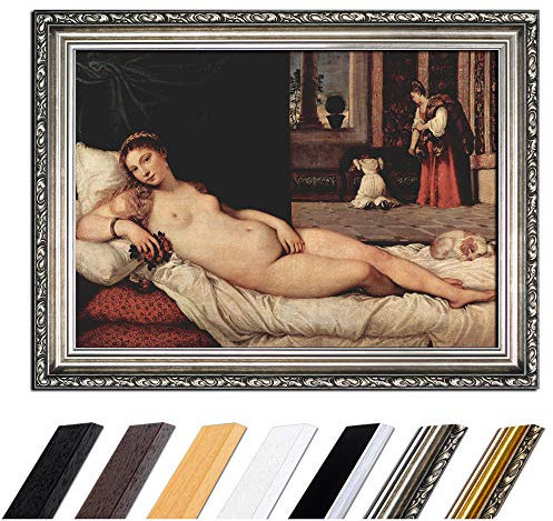 Bild mit Rahmen - Tizian Venus von Urbino 90x70 cm - Gerahmtes Leinwandbild Alte Meister - Antiker Rahmen Silber Barock, Klassisch