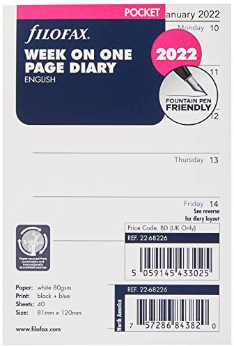 Filofax Taschenkalender 2022, 1 Woche pro Seite, Englisch.
