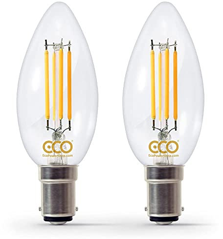 ECO Bombilla de vela de ahorro de energía regulable de 40 W, filamentos LED de bajo consumo de 4 W, 400 lúmenes, vidrio transparente, blanco cálido (2700 K), casquillo de bayoneta pequeña B15, vida