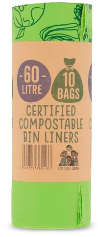 Eco Green Living 60 Litre Tall Bin Liners, Compostable & Recyclable Food Waste Bags, Plastic Free Kitchen Caddy Bin Liners, 87cm x 114cm - 10 Bags