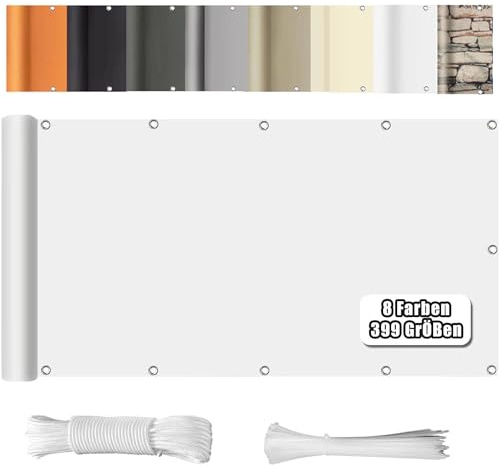 WEALSFUN Balkonabdeckung (390Größen & 8 Farben) Balkonverkleidung Ohne Bohren blickdichte Wind UV-Schutz mit Ösen Kabelbinder Kordel,70X300CM Weiß