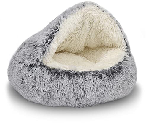 ShinHye Cozy Cat Bed - Round Plush Fluffy Hooded Cave, Indoor/Outdoor, Waterproof & Washable, Calming Anti-Anxiety Design - 23x23 Inch, Grey