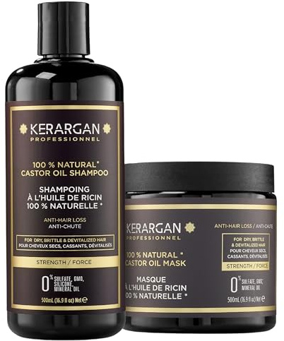 Kerargan - Duo Anti-Caduta Shampoo & Maschera all’Olio di Ricino per Capelli Secchi, Deboli, Devitalizzati - Stimola la Crescita - Senza Solfati, Silicone, OGM - 2x500 ml | Shampoo e maschera all'olio di ricino per detergere e trattare intensamente i capelli indeboliti o fragili