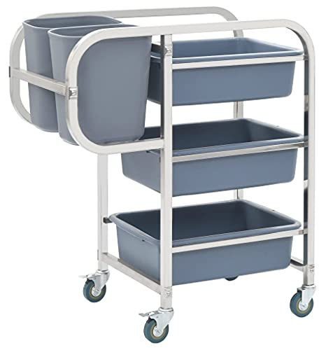 Makastle Küchenwagen Reinigungswagen Transportwagen mit Edelstahlrahmen & 2 Kleinbehälter & 3 Großbehälter, Reinigungswagen für Hotel, Gastronomie und Gebäudereinigung, 82x43,5x93 cm