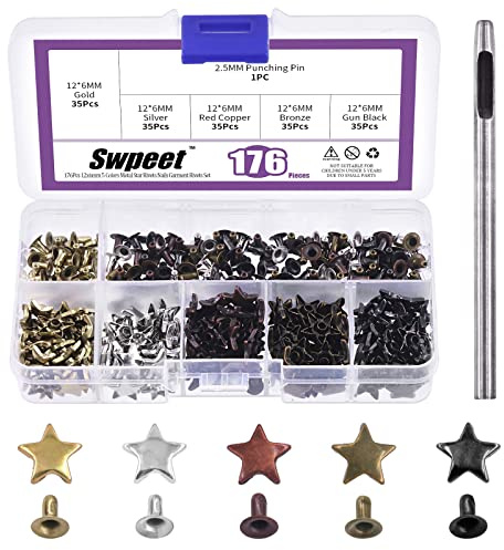 Swpeet 176 st 5 färger 0,47 x 0,23 tum - 12 x 6 mm stjärnnitar dubbar med 2,5 mm hålslagningsverktyg sortimentsats, läderstjärna nitar plagg nitar läder nitar och spikar för läderhantverk