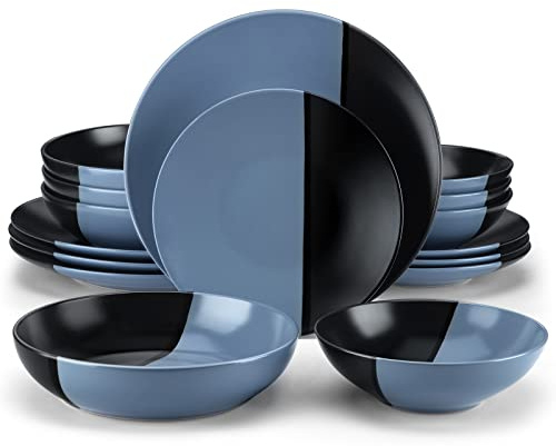 vancasso Accel Tafelservice aus Steingut, blau und schwarz, getauchte Glasur, 16-teiliges Tafelservice für 4 Personen, inklusive Speiseteller, Dessertteller, Nudelschale und Müslischale