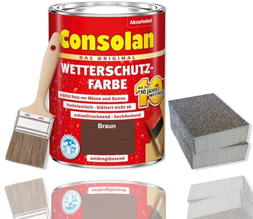 Consolan Wetterschutzfarbe Set 750 ml Holzfarbe Dauerschutz Deckend mit Zubehör (Braun)