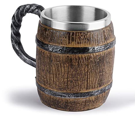 delr 450 ml di rovere barile brocca di birra in legno Boccale Beer Keg Mug in acciaio inox imitazione ferro manico personalità resina artigianato grande bicchiere d'acqua