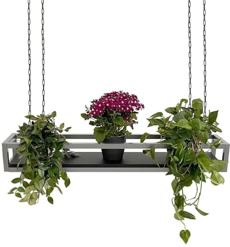 yelloo - Pflanzenregal Indoor Outdoor, Balkon Deko, Blumenständer Metall Hängendes Regal mit Ketten für Garten, Ideal zum Pflanzgefäßes im Freien (FLOWERS 115 cm, Grau/Schwarz)