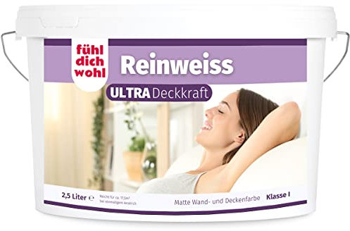 derendo FühlDichWohl Reinweiss Ultra – sehr hohe Deckkraft-Klasse 1 Wandfarbe weiß matt 2.5L - Innenfarbe/Wohnraumfarbe für höchste Ansprüche - nahezu konservierungsmittelfrei