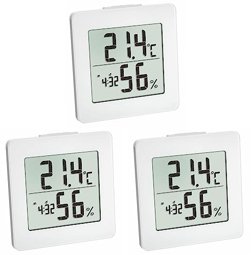 TFA Dostmann Thermometer Hygrometer digital, 30.5033.02, Innentemperatur, Luftfeuchtigkeit, Uhrzeit inkl Datum, Max.Min.-Werte, weiß (Packung mit 3)