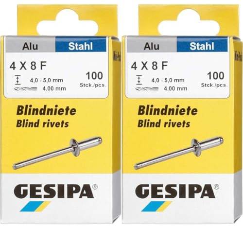 GESIPA Blindniete Mini-Pack 100 Stück (Alu/Stahl 4x8, Nietschaft-ø 4 mm, Scherkraft 1400 N, Zugkraft 2000 N, Flachrundkopf) 1433534 (Packung mit 2)