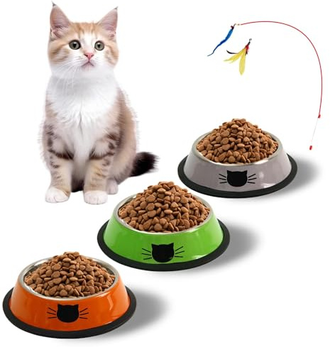 KatzenschüSsel 3er Set, Katzennäpfe, Katzennapf, Futternapf Edelstahl Katze, Katzen Napf, Fressnäpfe für Katzen Und Kleine Hundetiere (Orange + Silber + Grün)