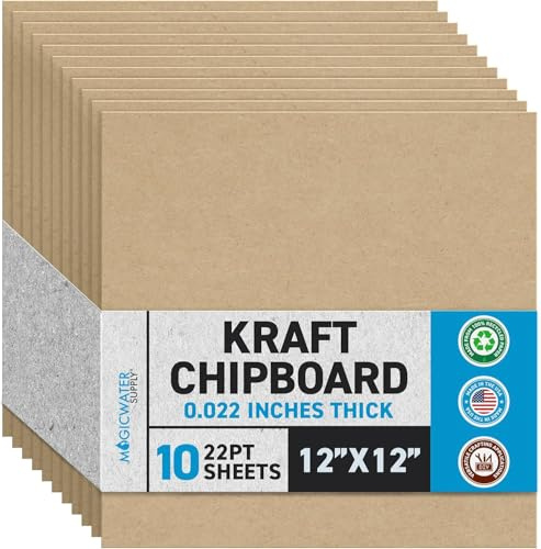 MagicWater Chipboard Sheet for DIY Projects - 12x12 Inch - 10 Pack - 22 pt - Heavy Duty Kraft (0.020 Inch Thick) Paperboard, For Scrapbooking, Books, Picture Frame Backing, Arts Project & Crafts