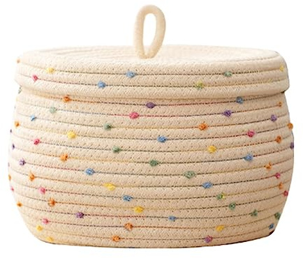 Topyond Corbeille Rangement, 22X17cm Paniers De Rangement En Corde De Coton Tressé,Crème Avec Points Colorés,Panier en Corde de Coton Tissé,Pour Plantes,Jouets,Bébés,Collations,Linge