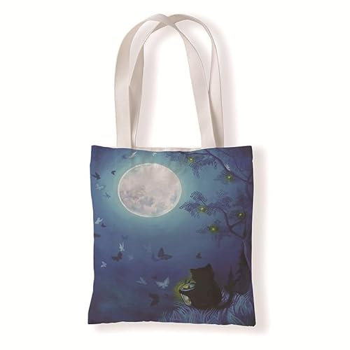 Jutebeutel Mond Schmetterling Katze Tote Bag Baumwolle Hanf Stoffbeutel Große Kapazität Stofftasche Faltbar Jutetasche Langlebig Baumwolltasche Bedruckt Stoffbeutel zum Bemalen Waschbar 30x40cm/3 Pcs