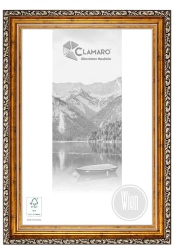 CLAMARO Bilderrahmen Wien Antik Barock Massivholz, 60 mm, Gold, 70x100 cm | Fichte, Acrylglas, HDF-Rückwand, Metallaufhänger, 43 mm tief, handgefertigt, Hoch- und Querformat
