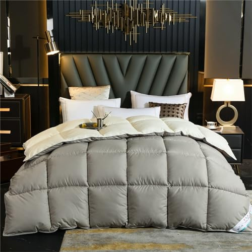 FHQGZT Couette en Plumes d'oie Et Duvet 220x240 Cm,2 Personne Édredon en 100% Coton Biologique,Chaude en Hiver Comforter,Quilt Doux Et Confortable, Lavable en Machine (Gray+Cream,220 * 240 cm 5kg)