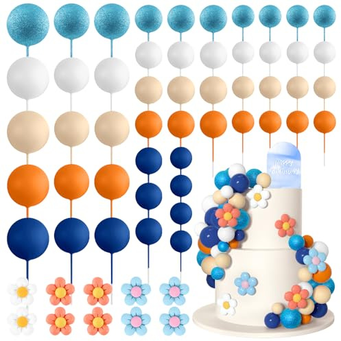 Bouiexye 61 Pcs Boho Cake Topper Balls Decorations Mini Balloon Retro Hippie Daisy Flower Acrylic Cake Toppers for Birthday Party Wedding Rainbow Baby Shower (Blue Orange)