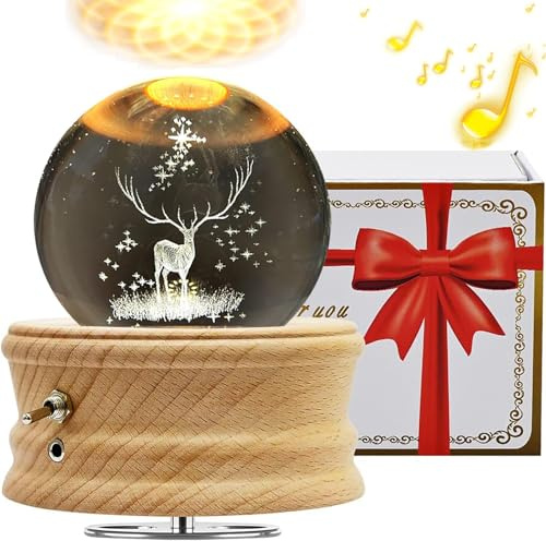 BUOTAU Spieluhr für Erwachsene, 3D Kristallkugel Spieluhr, 360° Leuchtende Drehbare Spieluhr mit Lichtprojektion und Holzsockel, Geeignet für Kinder, Ehefrauen, Mütter, Kreative Dekoration Geschenke