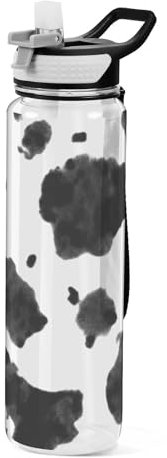 Mnsruu Transparente Sport-Wasserflasche mit Strohhalm, auslaufsichere Trinkflasche, schwarz-weiß, Kuh-Punkt-Muster, Fahrradflaschen für Sport, Büro, Schule, BPA-freier Tritan-Kunststoff, 1 Liter