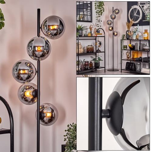 HOFSTEIN Stehleuchte Gastor, Stehlampe aus Metall/Glas in Schwarz/Chrom/Rauch, Leuchte im Retro/Vintage-Design mit Glasschirmen (Ø 15 cm) u. Fußschalter, 160 cm, E14, Wohnzimmer, Schlafzimmer, Büro