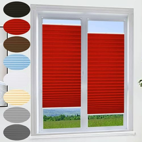 Plissee Ohne Bohren Verdunkelung 85 x 150 cm Verdunklungsplissee Uv-Schutz Faltrollo, Jalousie Zum Klemmen mit Klemmträger Easyfix für Fenster & Tür, Rot
