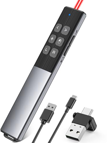 2 in 1 USB C Presenter, USB C Maus Presenter Präsentations Clicker mit Hyperlink/Lautstärkeregler/Vollbild-/Schwarzbild, kabelloser 2.4 GHz Präsentationspointer für Windows/Linux/PowerPoint/Google