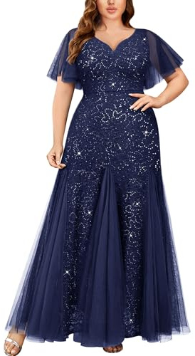 MISSMAY Women's Plus Size Sequins Lace Tulle Sweetheart Neck Ruffle Sleeves Formal Evening Party Maxi Dress (1XL, Navy Blue)