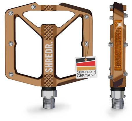 SHREDR. Shine Pedale für MTB | Hochwertige Flatpedals fürs Mountainbike | Mit Reflektoren (StVZO konform). (Bronze, M)