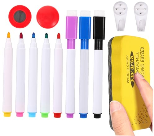 Angoily Whiteboard Zubehör Satz und 1 Whiteboard Schwamm mit 8 Farbigen Stiften Sicher und Grate 2 Metall Magnetpins 2 Haken für Feiertage und Geburtstage
