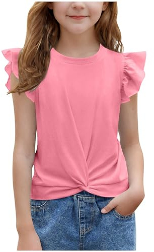 duxyoz T-shirts d'été pour filles enfants à manches volantées hauts décontractés torsadés sur le devant couleur unie col rond t-shirt tendance tunique ample élégante loisirs chemisier pour enfants 5