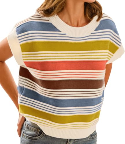FireSwan Womens Striped Cap Sleeve Sweater Vest Cute Color Block Tank Tops | Sleeveless Pullover Sweaters, Crew Neck, Casual Trendy 2026, Loose Fit, Soft, Vacation Outfits, Summer, Spring, Fall Tops