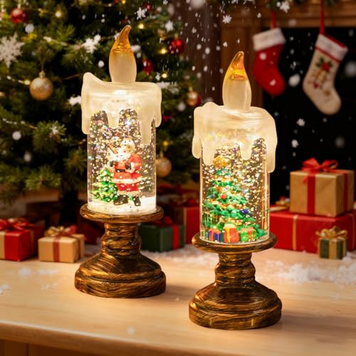 GAROMIA Lanterna di Natale con tana della neve, 2 candele a LED, senza fiamma, decorazione natalizia, sfera di neve, lanterna con nevicata, Babbo Natale, albero di Natale, decorazione da tavolo