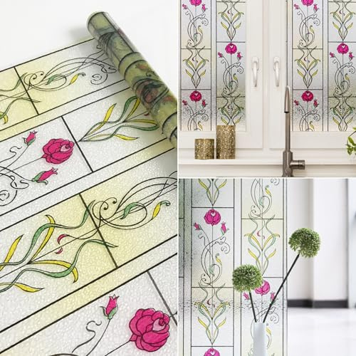 Stained Glass Window Film Privacy Patterned, Thick Decorative Static Cling Sun Blocker Window Tint for Home Office Tools Included (44.5cm*2m)