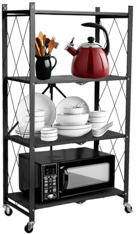 BAOYOUNI Folding Shelf with Wheels 4 Tier Bookcase Metal Kitchen Shelves