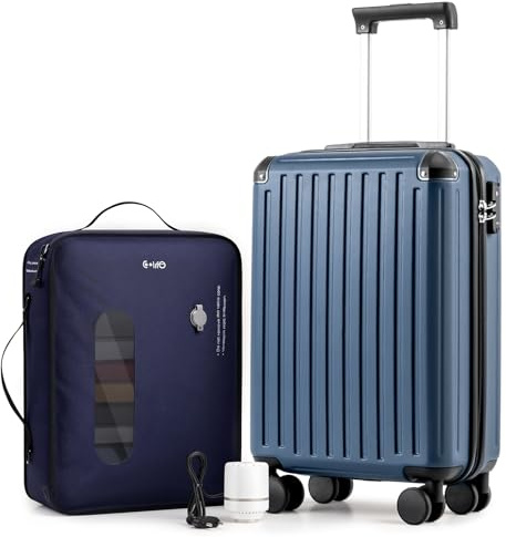 COOLIFE Valise cabine 55 x 35 x 20 cm pour avion Ryanair Bagage à main Bagage cabine valise rigide avec serrure TSA et 4 roulettes jumelées, bleu foncé, Vakuum-55x35x20cm+Pumpe, Ryan Airlines Bag Sac