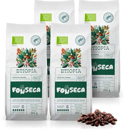 FONSECA Café Etiopía en Grano Natural 1kg 100% Arábica, | Café de Origen para Cafetera Superautomática y Automática, Intensidad 6 Certificado UTZ/Rainforest (4 Paquetes de 250g)