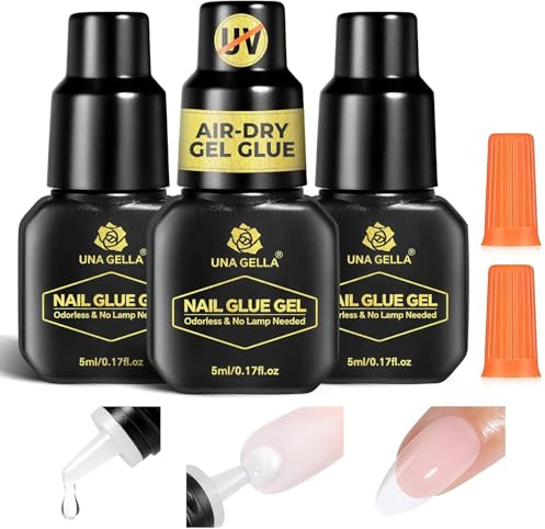 UNA GELLA Gel Nail Glue for Press Ons: 10s Fast Dry No U V Lamp Needed Glue Gel, 3pcs*5ml Upgrade Super Strong Nail Adhesive for Press on Nails, Nail Tips&Acrylic Nails-Maximum Strength, Long-lasting