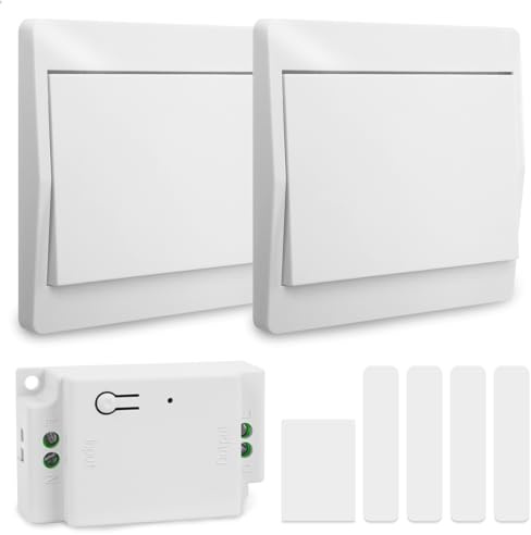 Interruptor Inalámbrico Sin Pilas, Kit Conmutador de Luz Autoalimentado Cinético con Receptor 10A 230V, Mando a Distancia 433MHz para LED, Sin Cables, Sin Obras (1 Receptor + 2 Interruptores)