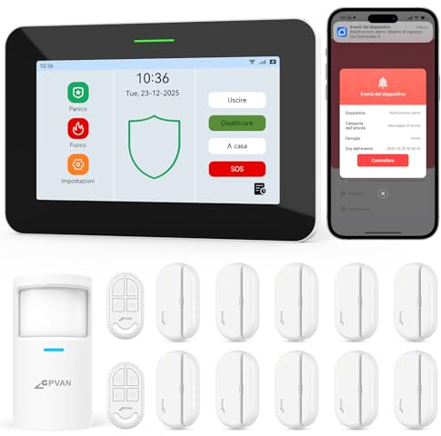 CPVAN GSM + WiFi Alarmanlage Haus mit 7 Touch Screen, Kein Vertrag Smart Komplettsysteme mit APP/SMS/Anruf Alarm, 110dB Host, Bewegungsmelder, Tür/Fenster Sensoren, Fernbedienungen, 14 Stück