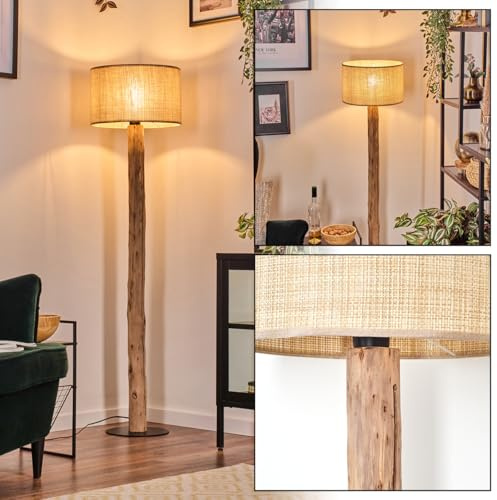 HOFSTEIN Stehleuchte Sabadim, Stehlampe aus Holz/Metall im modernen Boho-Style, Schirm aus Papiergeflecht/Stoff Ø 35 cm, E27, 145 cm, mit Fußschalter - Wohnzimmer, Schlafzimmer, Esszimmer, Flur
