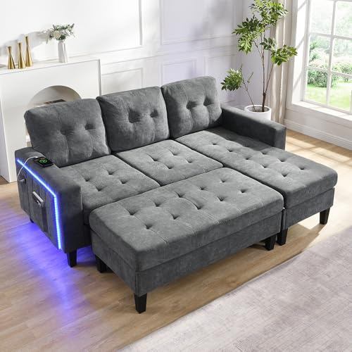 Merax modularer L-Form Sofa-Set, mit extra großer beweglicher Fußbank, LED-Ambiente-Beleuchtung und USB, 3-Sitzer-L-Form-Sofa mit Ottomane, Chenille-Bezug, wandelbar zum Sofabett, Grau