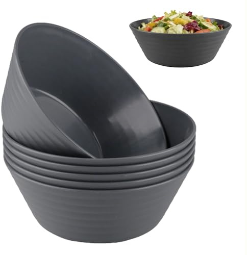 Doafoce Juego de 6 Cuencos de Plástico Negro 1200ml Ensaladera Irrompibles Reutilizables Grande Cuencos Cebada para Cereales, Sopa - Lavavajillas y Microondas, 20cm, Gris Oscuro
