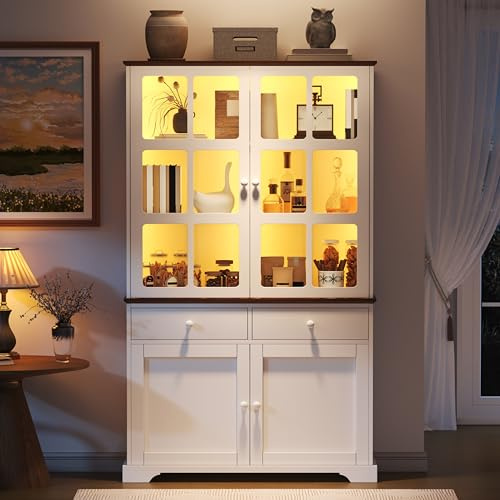 YuQozii 120 * 36.5 * 200cm Vitrine, Standvitrine mit 2 Schubladen 4 Schranktüren, Hochschrank, Glasvitrine mit LED, Wohnzimmerschrank 120 cm breit, Multifunktionsschrank, Großer Schrank, Weiß