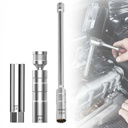 Eniyou 3 Pièces Cle a Bougies, Douille Bougie Allumage 12mm/14 mm /16 mm, Magnétique Universelle 3/8 Clé à Pivotante à 360°, Clé à Bougie Préchauffage pour Retrait de D'allumage(Acier CR-V)